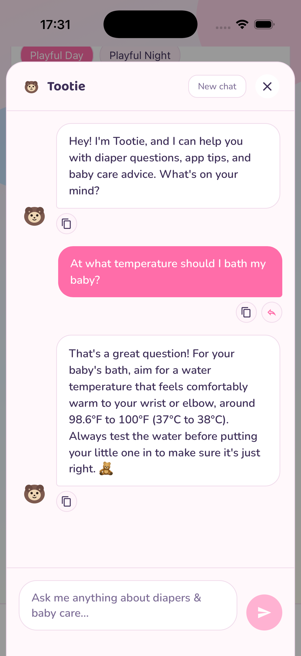Windeltracker AI advisor chat answering a diaper sizing question.
