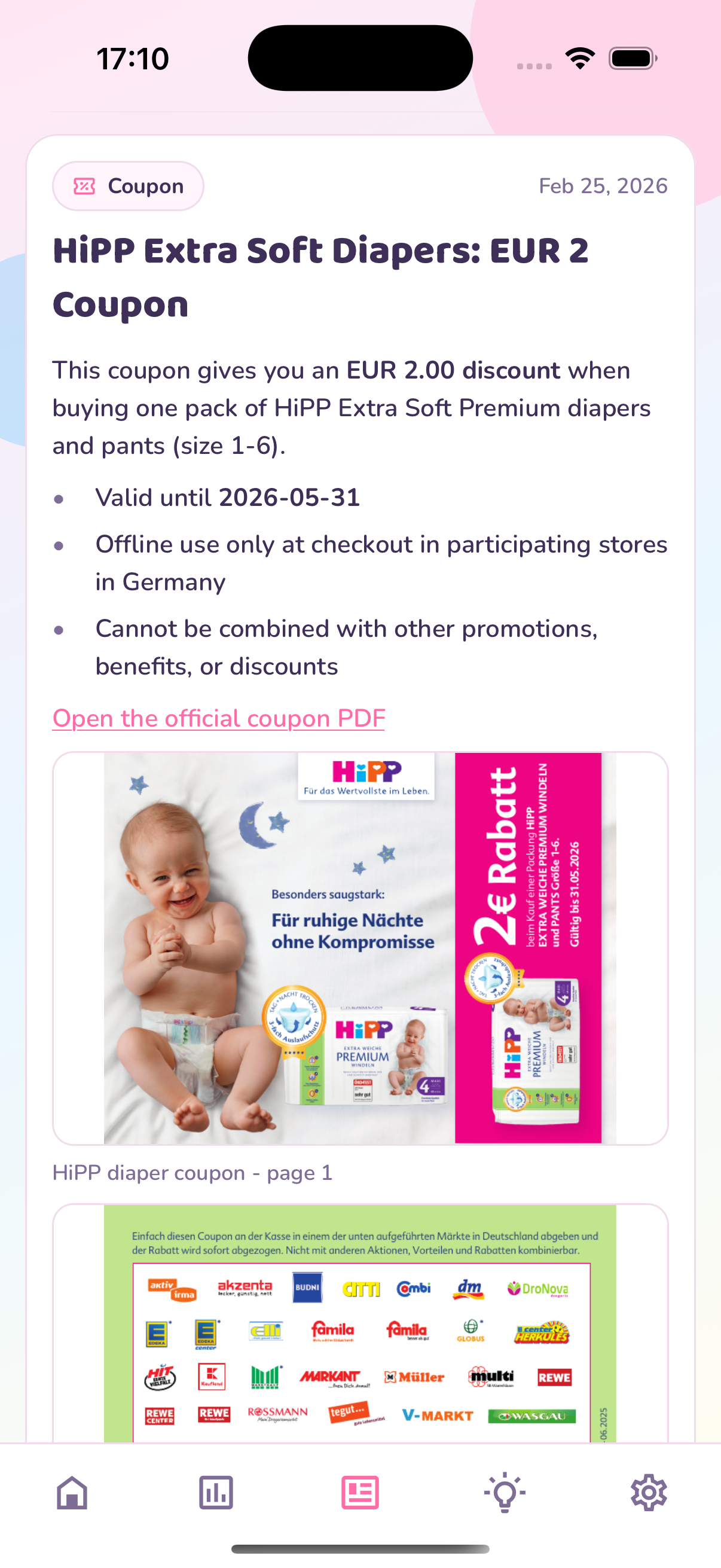 Windeltracker coupon screen with saved voucher offers for diaper brands.