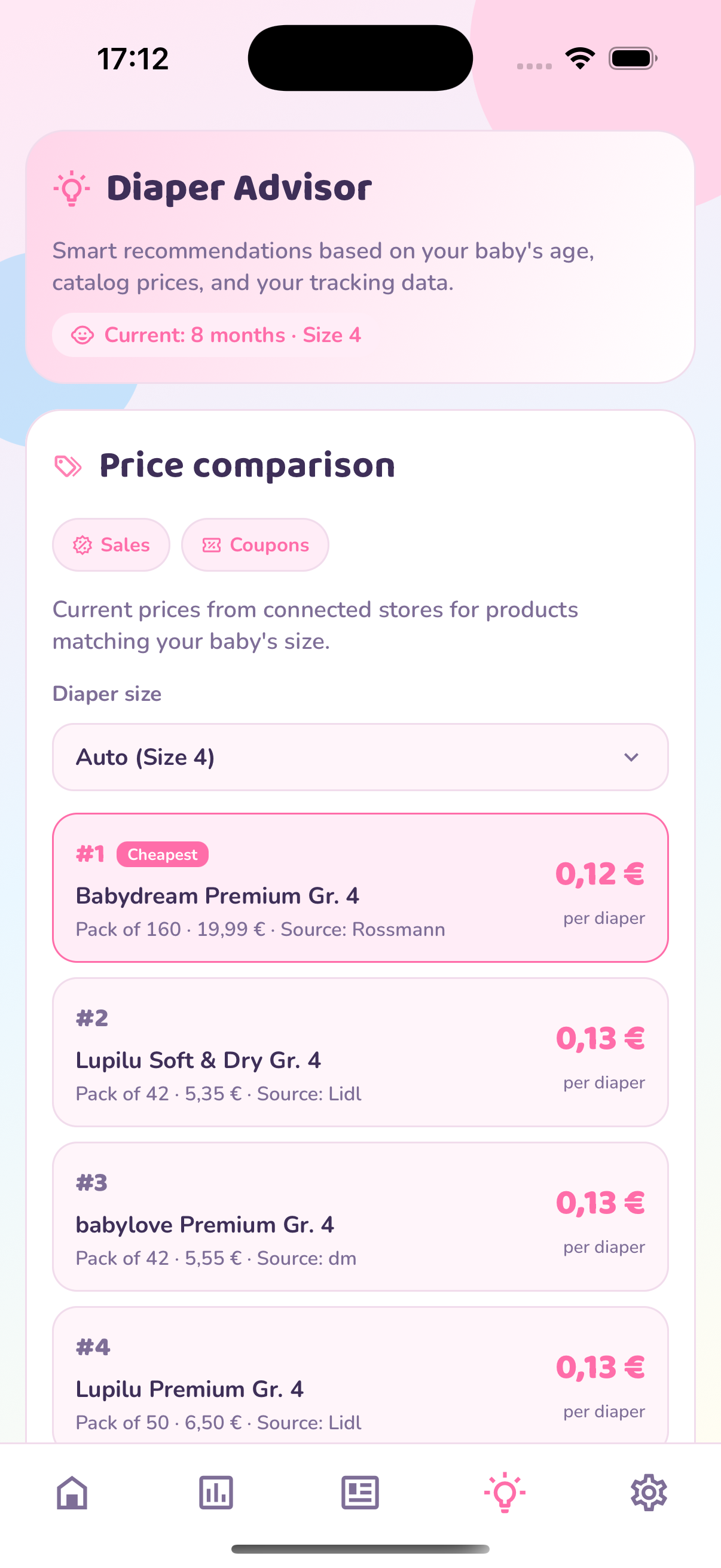 Windeltracker price comparison screen showing diaper cost per piece across products.