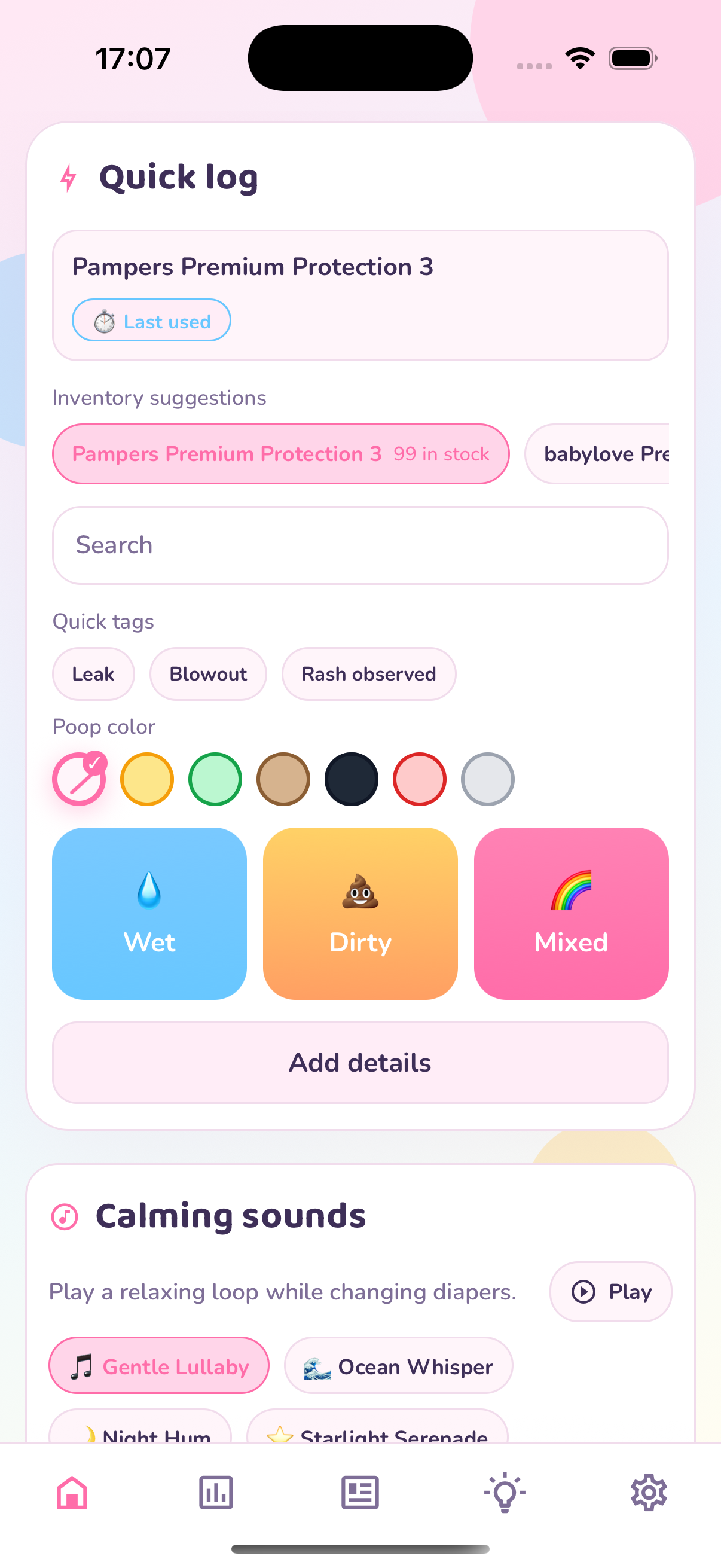 Windeltracker app screen with quick diaper logging and inventory overview.