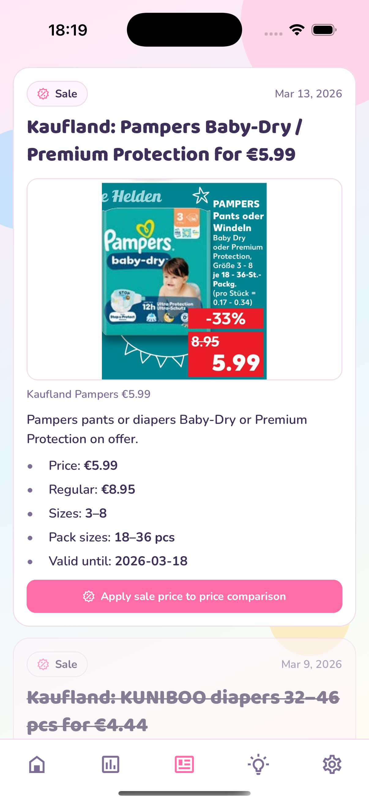 Windeltracker sales screen with current diaper deals and offer alerts.